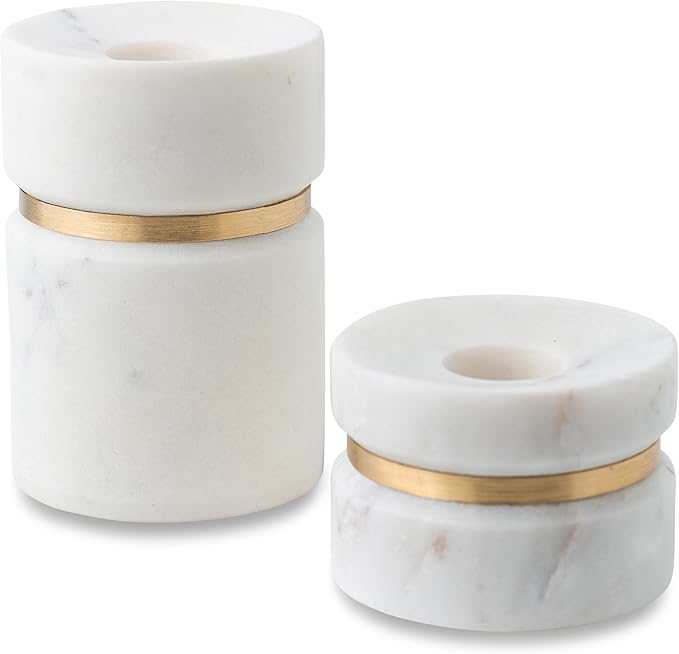 Cork & Mill Taper Candle Holders for Candlesticks, Set of 2 Handcrafted White Marble and Gold Brass Candle Stick Holders, Modern Centerpiece for Dining Table Decor or Mantle