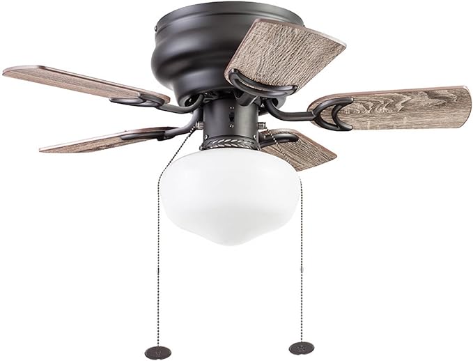 Prominence Home Hero, 28 Inch Traditional Flush Mount Indoor LED Ceiling Fan with Light, Pull Chain, Dual Finish Blades, Reversible Motor - 51655-01 (Bronze)