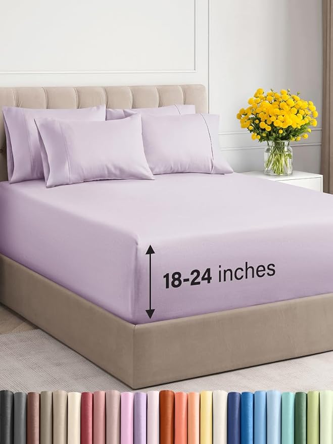 Extra Deep King Sheet Set - 6 Piece Breathable and Cooling Sheets - Hotel Luxury Bed Sheets Set - Easy Fit - Soft, Wrinkle Free and Comfy Sheets Set - Light Lavender Sheet Set with Extra Deep Pockets