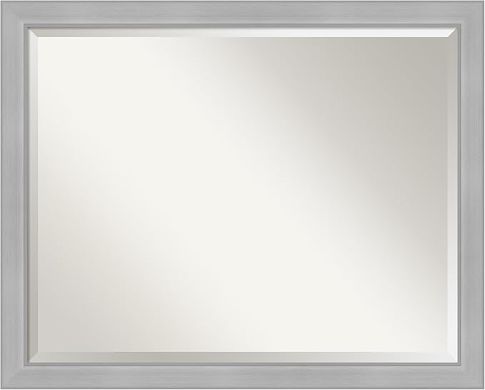 Amanti Art Silver Bathroom Mirror for Over Sink, 25x31 Vista Brushed Nickel Narrow Rectangle Vanity Mirror, Large Casual Frame, Hangs Horizonally and Vertically, Bathroom Wall Decor, Beveled Edge