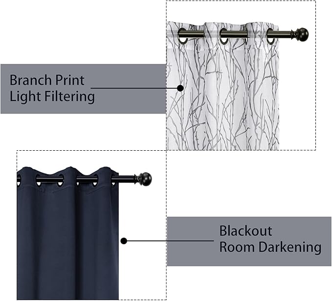 BONZER Mix and Match Curtains - 2 Pieces Branch Print Sheer Curtains and 2 Pieces Blackout Curtains for Bedroom Living Room Grommet Window Drapes, 54x84 Inch/Panel, Grey Dark, Set of 4 Panels