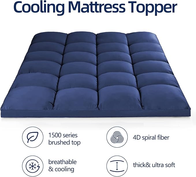 Mattress Topper Full for Back Pain, Extra Thick Mattress Pad Cover, Plush Pillow Top, Deep Elastic Pocket, Navy