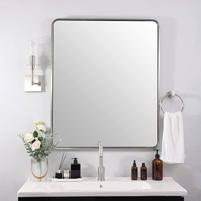 ANDY STAR Brushed Nickel Bathroom Mirror, 30x36’’ Rounded Corner Rectangle Nickel Mirror Bathroom Vanity Mirror Tube Metal Framed, SUS304-Anti-Rust Wall-Mounted Horizontal/Vertical 1’’ Deep