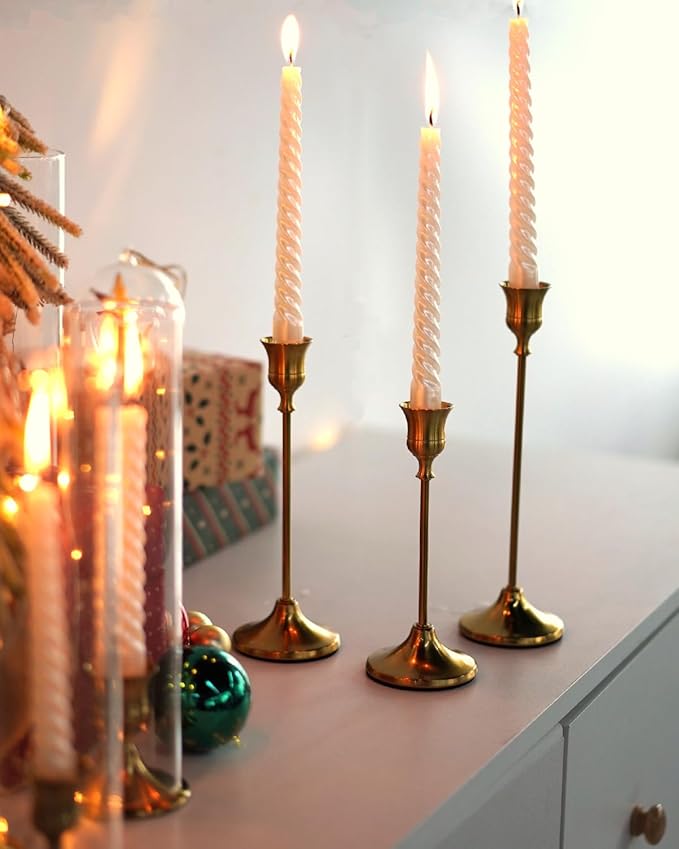 Gold Candlestick Holders, Taper Candle Holders, Set of 6 Brass Candle Holder Set, Vintage Table Centerpiece for Wedding Christmas Holiday
