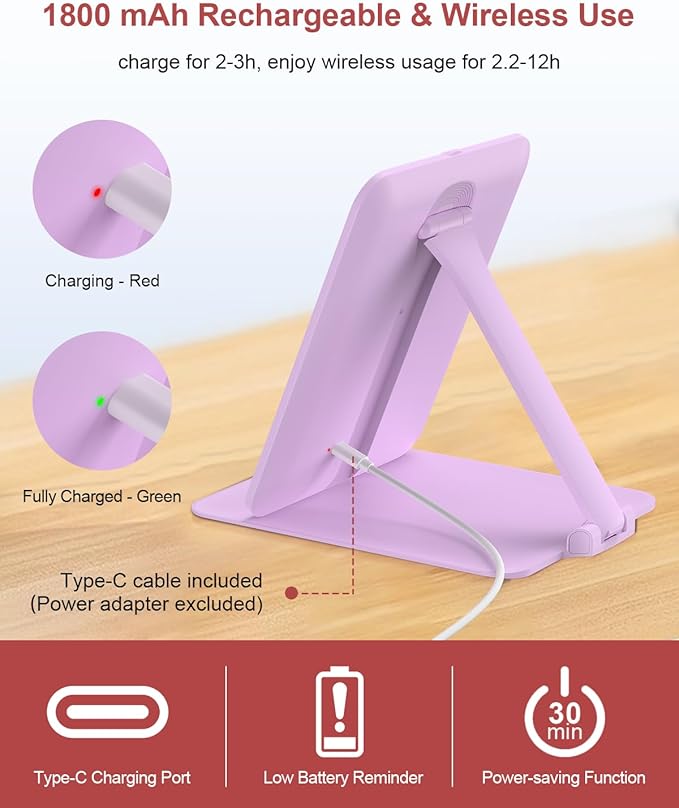 Gospire Travel Makeup Mirror with Lights and Magnification 10X, Portable Make Up Compact Tabletop Cosmetic with Adjustable Stand, 3 Colored Light Rechargeable LED Vanity Mirror - Purple
