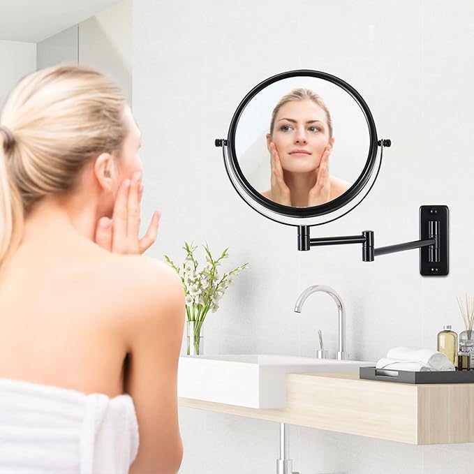 8" Wall Mounted Makeup Mirror with 1X 10x Magnification, Extendable Magnifying Mirror Two-Sided Swivel, Black