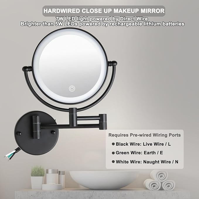 8" Wall Mounted Lighted Makeup Vanity Mirror with 3 Color Lights Stepless Dimming, 1X/10X Magnifying LED 2-Sided Bathroom Touch Sensor Extendable Arm 360 Swivel Shaving Mirror Hardwired, Matte Black