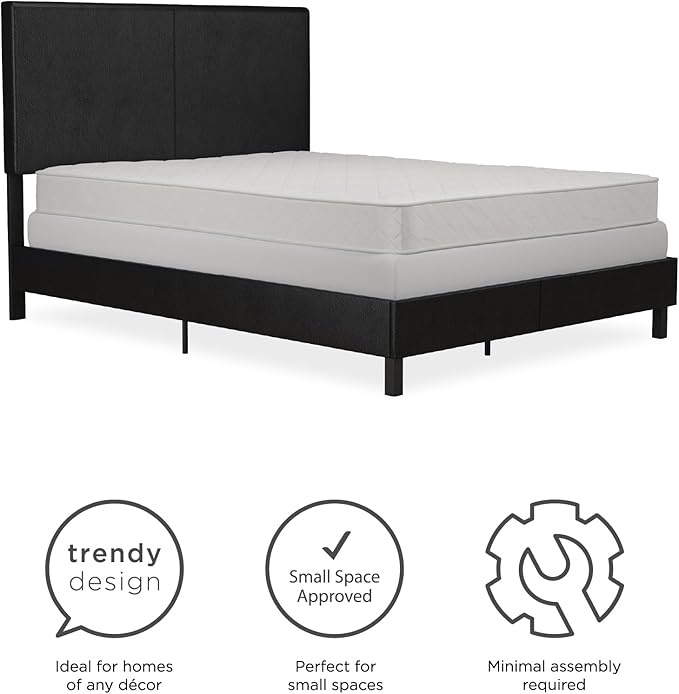 DHP Janford Upholstered Bed, Black Faux Leather, Queen
