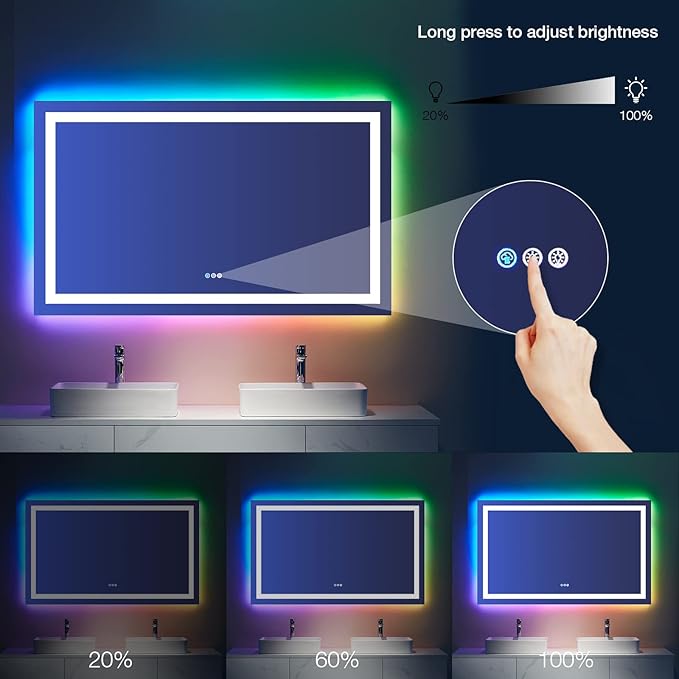 LOAAO 60”X40“ RGB LED Bathroom Mirror with Lights, Large, Anti-Fog, Dimmable Smart Lighted Bathroom Vanity Mirror, Multiple Light Modes, RGB Backlit + Front Light, Memory Function, Tempered Glass