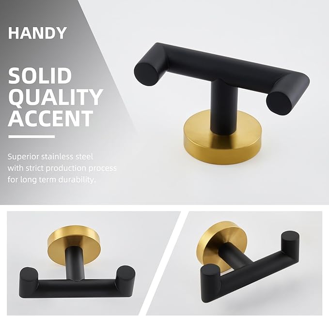Angle Simple Double Towel Hook, Stainless Steel Hand Towel Holder for Bathroom, Coat Hook for Wall, Black and Gold
