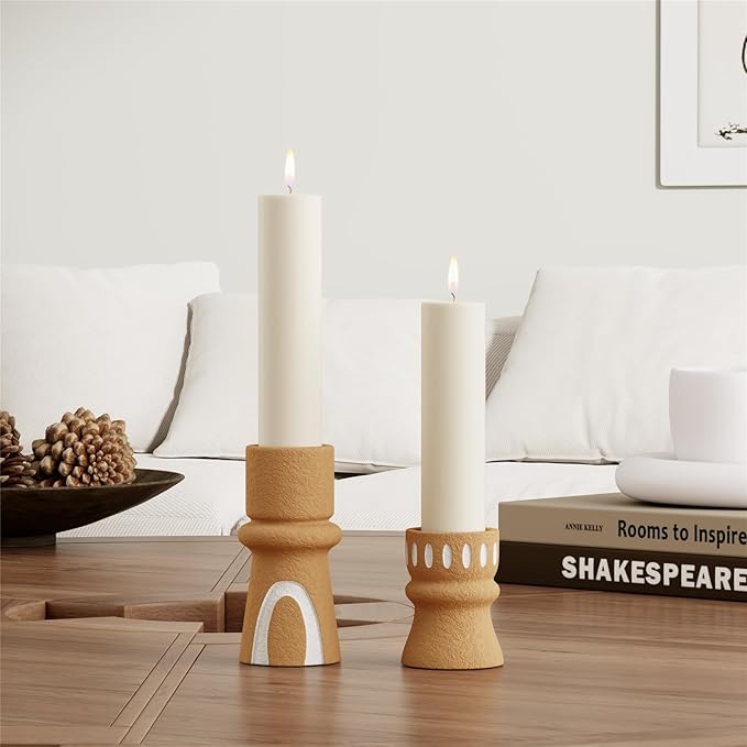 Candle Holder for Pillar Candle Set of 2, Modern Terracotta Candlestick Holders Decorative Candle Stand, Pillar Candle Holders Tall Set for Wedding, Dining Table, Home Decoration, Gift for mom Women