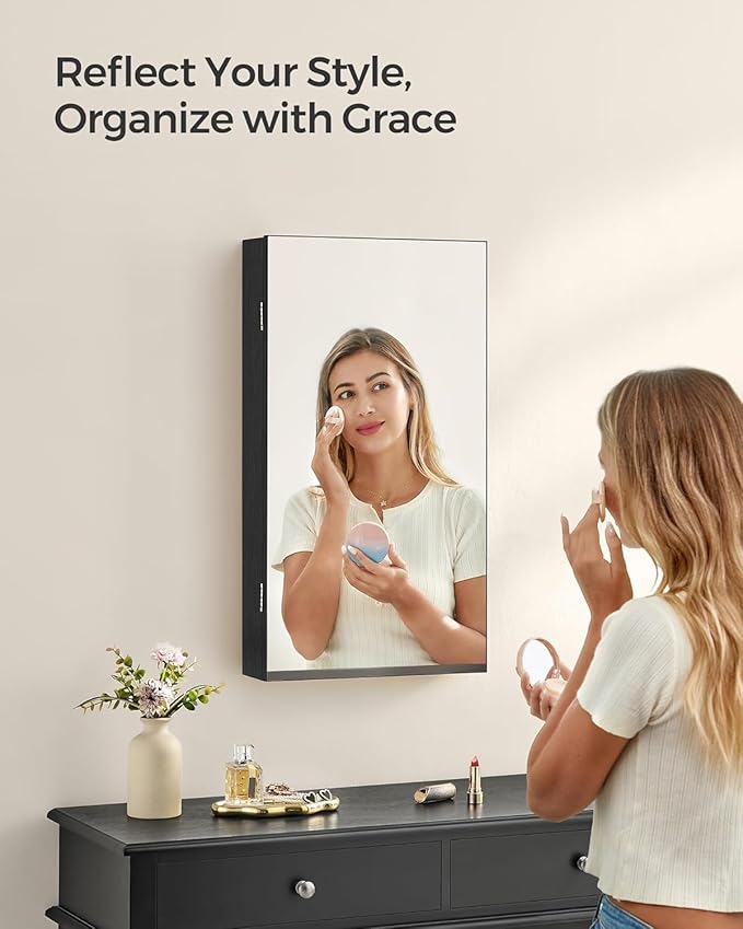 SONGMICS Mirror Jewelry Cabinet Armoire with Built-in LED Lights, Wall or Door Mounted Jewelry Storage Organizer, 3.8 x 14.6 x 26.4 Inches Hanging Mirror Cabinet, Gift Idea, Black UJJC050B01