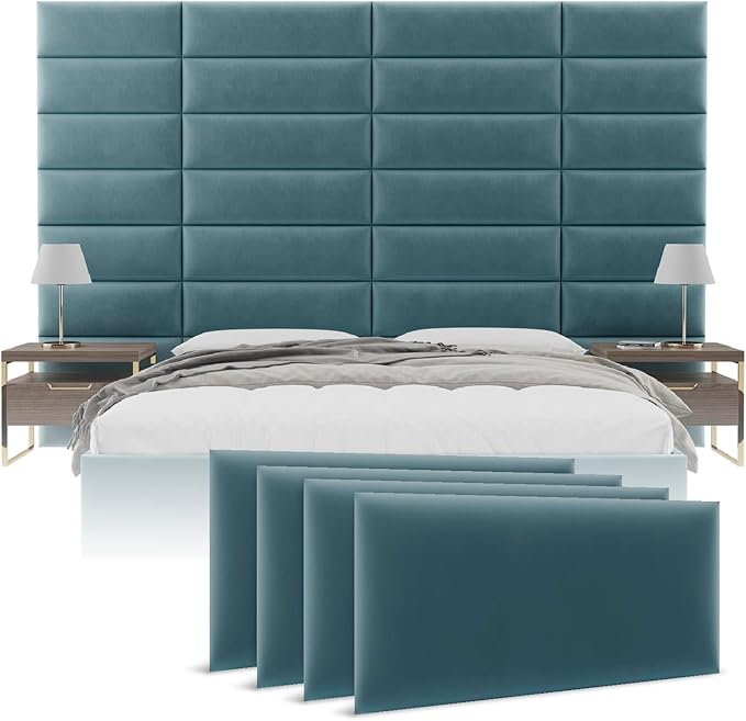 Vänt Upholstered Wall Panels - King/Cal King Size Wall Mounted Velvet Headboards - Velvet Antique Blue - Twin/King - Set of 4 Panels (Each Individual Panel 39"x11.5")