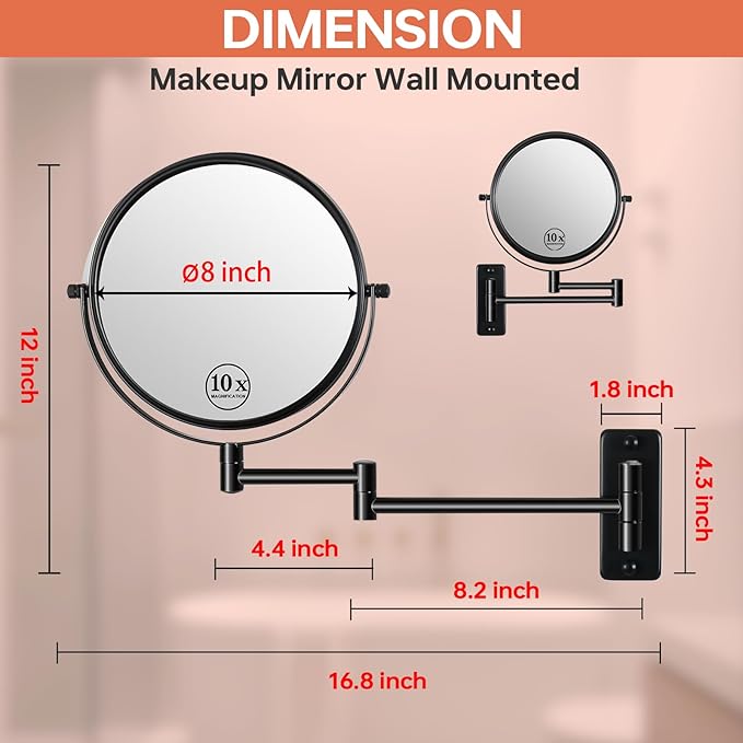 8" Wall Mounted Makeup Mirror with 1X 10x Magnification, Extendable Magnifying Mirror Two-Sided Swivel, Black