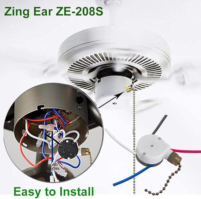 Ceiling Fan Switch Zing Ear ZE-208s E89885 3 Speed 4 Wire Pull Chain Switch with 4 Pre-Installed Wires Replacement Part for Hunter, Hampton Bay, Harbor Breeze Fans (Bronze Chain)