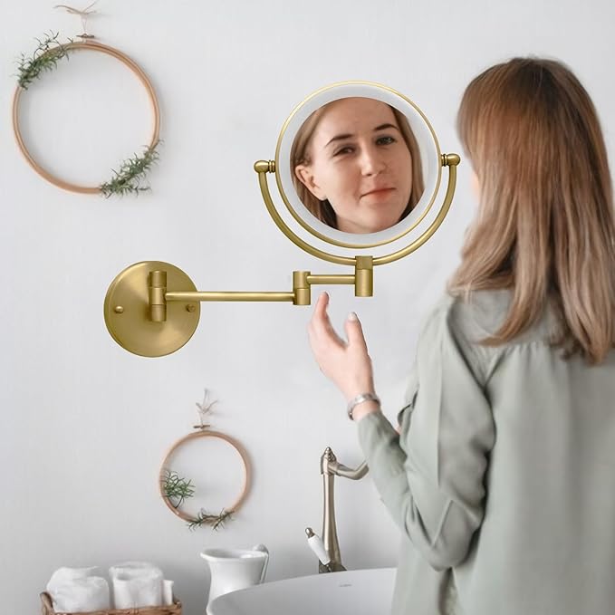Antique Brass Rechargeable Wall Mounted Makeup Mirror Magnifying, 1X/10X Magnifying Mirror for Bathroom, 8 Inch 2 Sided 360 Swivel Extendable Arm Vanity Shaving Mirror for Bathroom