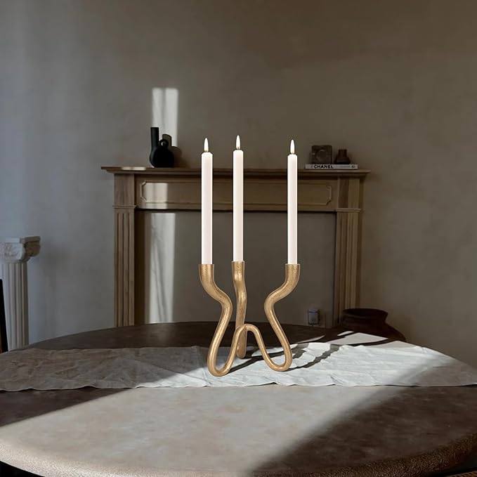 Triple Candle Holder Candelabra - Cast Iron Metal Taper Candlestick Stand with Antique Brass Finish - Elegant Wedding Centerpiece for Home, Dining, Event Decor