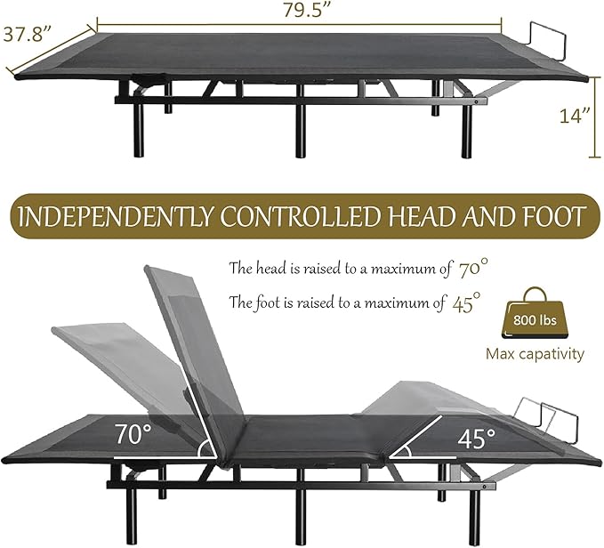SHA CERLIN 14 Inch Twin XL Size Adjustable Bed Base/Bed Frame with Head and Foot Articulation Incline, Wireless Remote,Wood Board Support (Base Only)