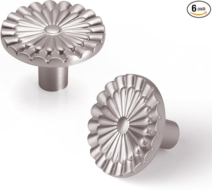 Brushed Nickel Cabinet Knobs 6 Pack Round Sunflower Dresser Drawer Hardware Furniture Cupboard Handles for Bathroom Single Hole Knob Kitchen SH-BN-K6
