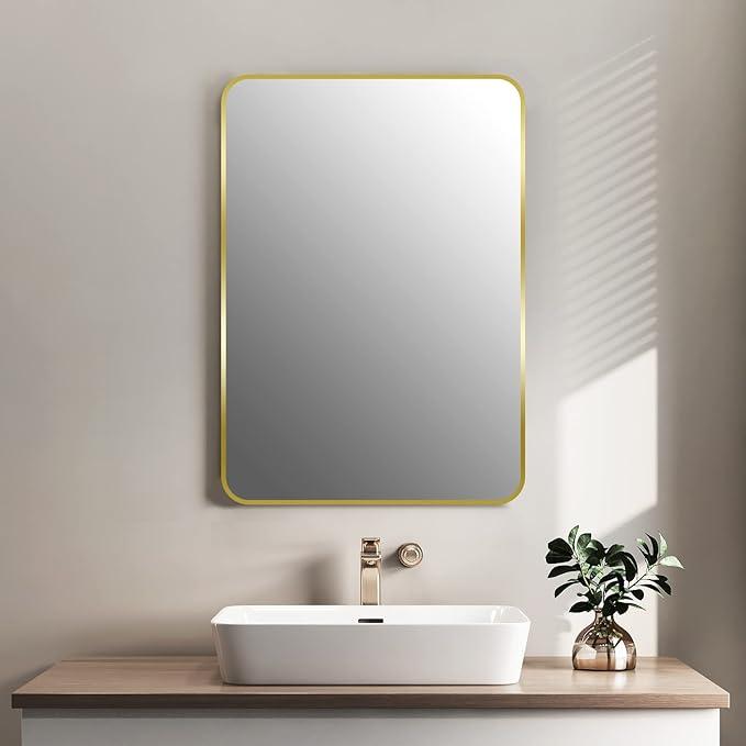 Bathroom Mirror for Wall, Rectangle Framed Wall Mounted Farmhouse Vanity Mirrors, 20x28 Inch,Gold
