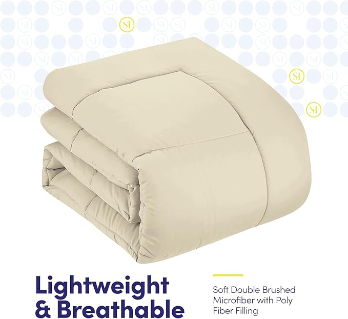 King Size Comforter Set with Sheets - 7-Piece Bedding Collection - 1 Comforter, 1 Fitted Sheet, 1 Flat, 4 Pillowcases - Deep Pocket - Soft & Breathable Premium Quality - Ideal for All Seasons, Beige