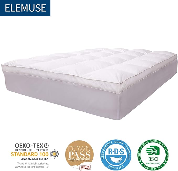 ELEMUSE King Size Extra Thick Fusion Goose Down Feather Filled Mattress Topper, Plush Fluffy Double Layer Pillowtop Mattress Pad Cover, Soft Featherbed with 8-21 Inch Deep Pocket