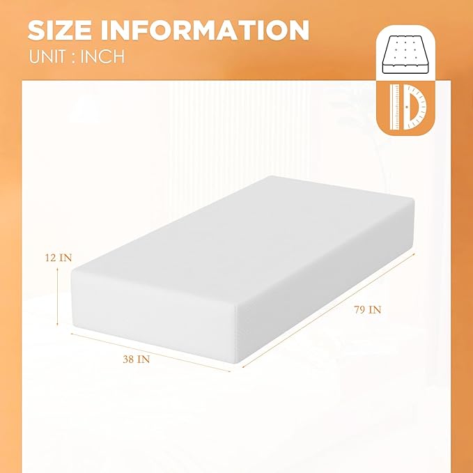 BestMassage | 12 Inch Twin XL Mattress | Gel Memory Foam | Medium Firm Feel | White | Bed in a Box, CertiPUR-US Certified | Pressure Relief, Cooling Ventilated Foam | Breathable Knit Cover
