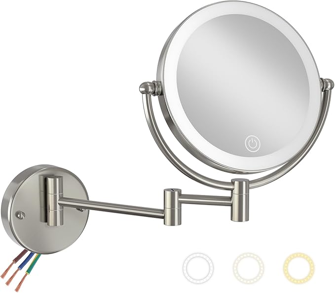 Wall Mounted Lighted Makeup Vanity Mirror with Magnification, 8 Inch Double Sides 10X Magnifying Bathroom Mirror 3 Color Lighting Touch Dimming, Extended Arm Shaving Mirror Hard Wired, Brushed Nickel