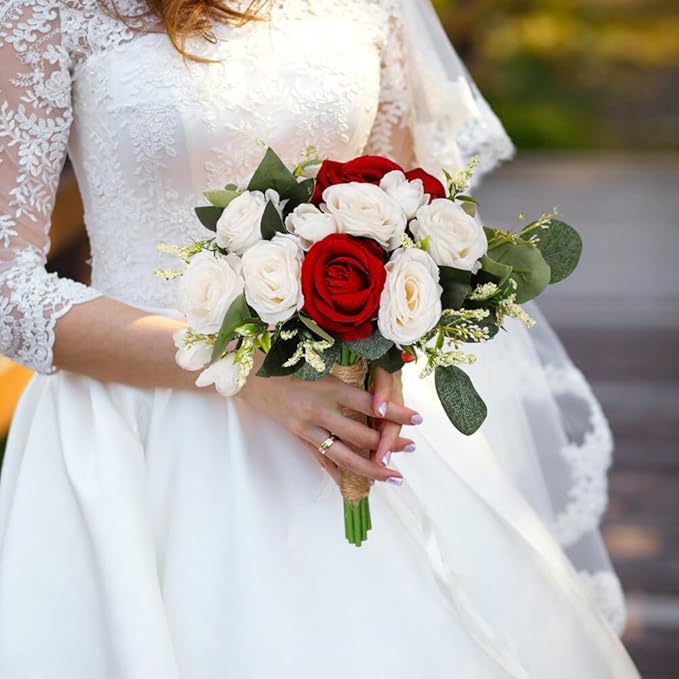 Rose Wedding Bouquet - Artificial Red White Flowers for Bride and Bridesmaid - Faux Holding Flower for Wedding Decor
