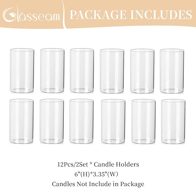 Glasseam Glass Hurricane Candle Holder Set of 12, Cylinder Pillar Candle Holders for Table, Modern Floating Candle Decorations, Clear Glass Cylinder Vase for Centerpieces Wedding Dining Table, 6inch