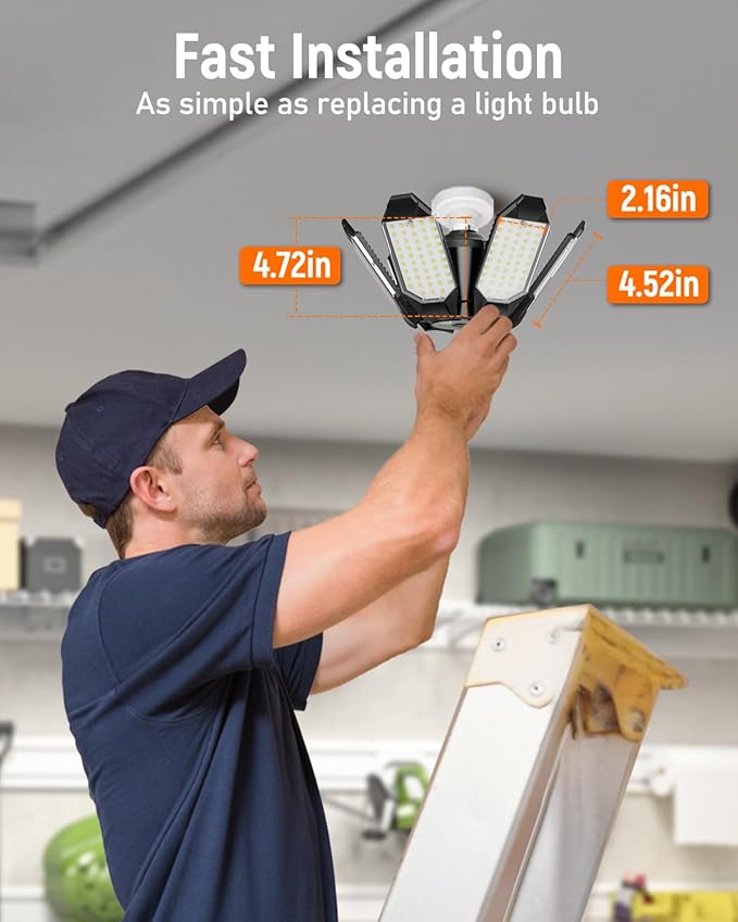 Adiding LED Garage Ceiling Light, 4 Pack 40000Lm Bright Screw into E26 E27 Socket LED Basement Lighting, 6+1 Deformable Panels, Daylight 6500K for Pole Barn Workshop Attic Porch Storage Room Low Bay
