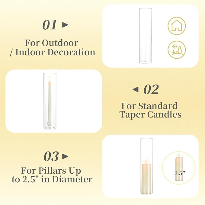 Hewory Hurricane Glass Candle Holders: 10 PCS Clear Open Ended Cylinder Candle Holder Sleeve for Candlestick Holders - Taper Candle Holder Bulk for Wedding Christmas Centerpiece Decor (D 2.5" x H 11")