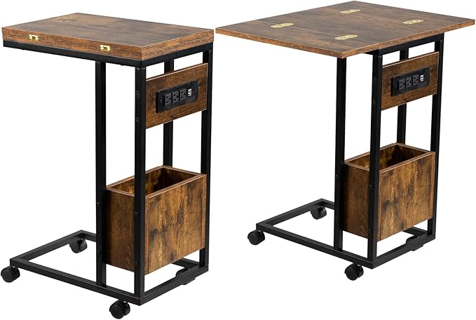Hadulcet C Tables End Table Set of 2, C Shaped Side Table with Charging Station, Folding Table TV Trays for Eating, Couch Tables That Slide Under, Small End Table Snack Tables, Rustic Brown