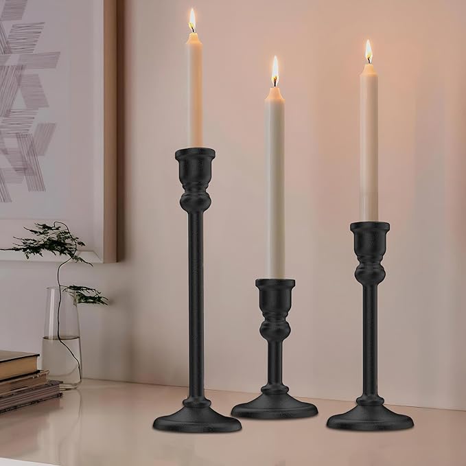 Black Heavy Candlestick Holders Taper Candle Holders Set of 3, Golden Candlestick Holders Decorative Candle Stand, Tapered Candle Holders Set for Wedding, Dining Table, Home Decoration (Antique Black)