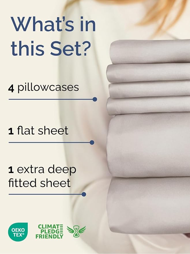 Extra Deep Cal King Sheet Set - 6 Piece Breathable and Cooling Sheets - Hotel Luxury Bed Sheets Set - Easy Fit - Soft, Wrinkle Free and Comfy Sheets Set - Light Grey Sheet Set with Extra Deep Pockets
