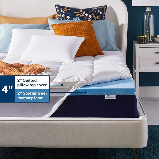 Sleep Innovations Dual Layer 4 Inch Memory Foam Mattress Topper, King Size, Medium Support, 2 Inch Cooling Gel Memory Foam Plus 2 Inch Pillow Top Cover