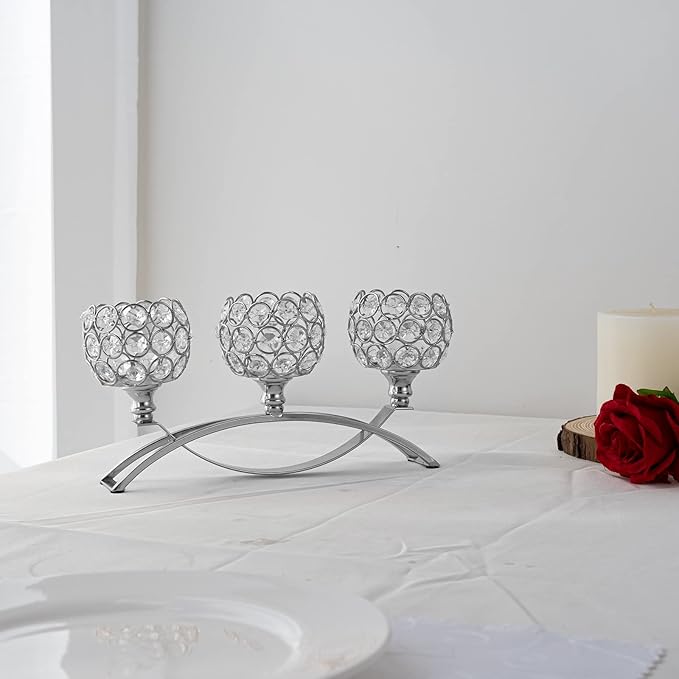 Silver Crystal Candle Holders Decorative Candelabra, Metal 3 Arm Candlesticks Holder Centerpieces for Wedding Party Baby Shower Dining Room Coffee Table Decor candelabros para centros de mesa