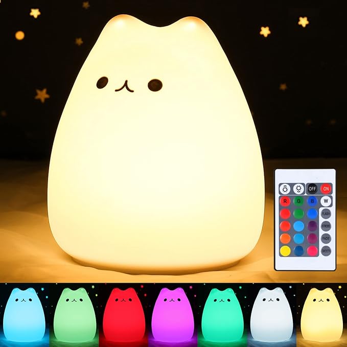ZKLiLi Cat Night Light, Cute Nursery Lights USB Rechargeable Cat Lamp Nightlight Birthday Christmas Gift with Warm White and 7-Color Breathing Modes for Kids Baby Children (Remote Control)