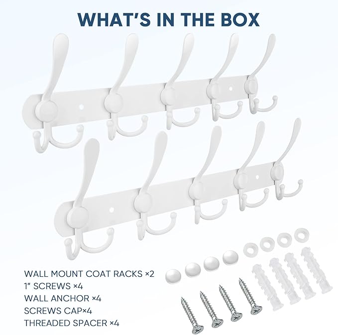 TICONN Wall Mounted Coat Rack, Five Heavy Duty Tri Hooks All Metal Construction for Jacket Coat Hat in Mudroom Entryway (White, 2-Pack)