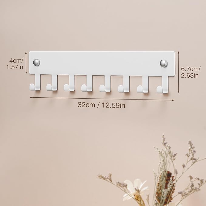 pickpiff 1 Pack Key Holder for Wall Adhesive, Key Hooks with 8 Hooks Wall Mounted, Key Hangers for Decor No Drill for Living Room, Kitchen, Office, White