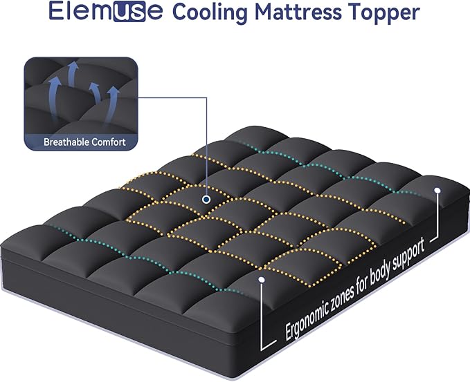 ELEMUSE Full Black Mattress Topper for Back Pain, Extra Thick Mattress Pad Cover, Plush Soft Pillowtop with Elastic Deep Pocket, Overfilled Down Alternative Filling