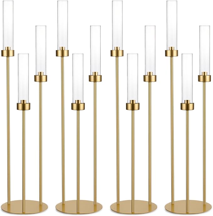 Vincidern 4pcs Gold Candelabra 3 Arm Taper Candle Holders with Acrylic Shades, Decorative Metal Candlestick Holders for Wedding Table Centerpiece, Halloween,Christmas, Party, Events Decor