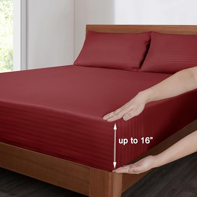 Mejoroom Striped King Size Bed Sheet Set - Hotel Luxury 1800 Bedding Sheets & Pillowcases - 16" Deep Pocket Fitted Sheet, Soft, Breathable, Wrinkle & Fade Resistant - 4 Piece(02-Burgundy)