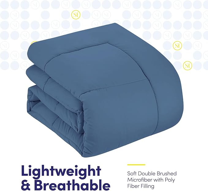 Sweet Home Collection 7 Piece Comforter Set Bag Solid Color All Season Soft Down Alternative Blanket & Luxurious Microfiber Bed Sheets, Denim, Queen
