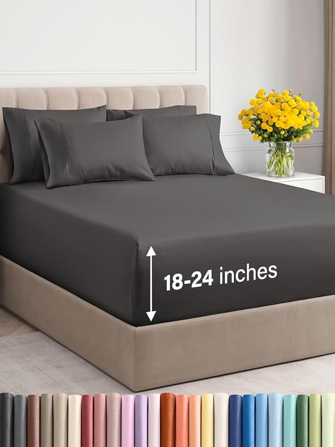 Extra Deep Full Sheet Set - 6 Piece Breathable & Cooling Sheets - Hotel Luxury Bed Sheets Set - Easy & Secure Fit - Soft, Wrinkle Free & Comfy Sheets Set - Charcoal Sheet Set with Extra Deep Pockets