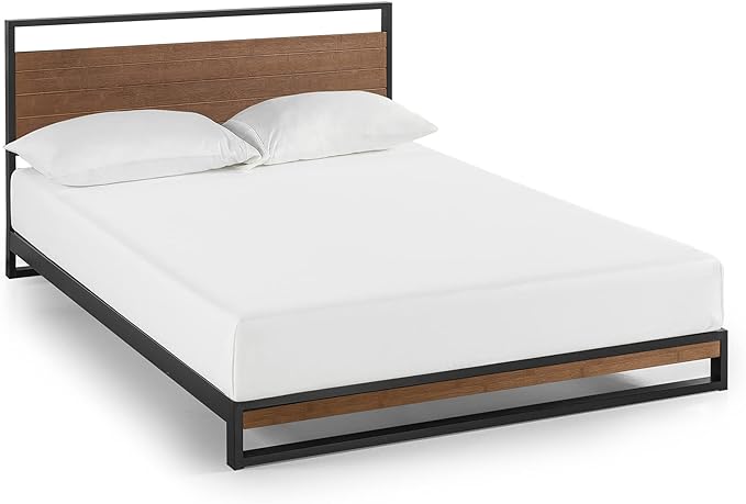 ZINUS Suzanne Bamboo and Metal Platform Bed Frame, 7-Inch Low Profile, Solid Steel Construction, No Box Spring Needed, Wood Slat Support, Easy Assembly, Chestnut Brown, Queen