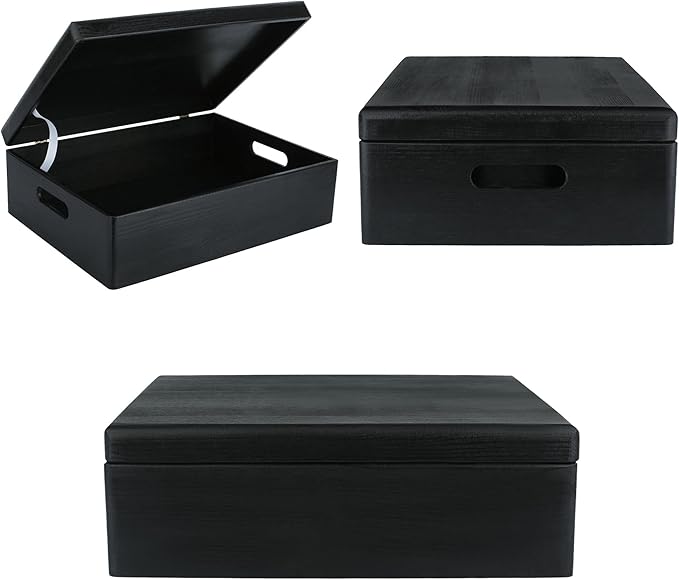 XL Black Wooden Box Storage with Hinged Lid | 15.8 x 11.8 x 5.5 inches (+-0.5) | with Handles | Gift Box Kitchen Storage Document | Product NOT Intended for 15 Years OR Below