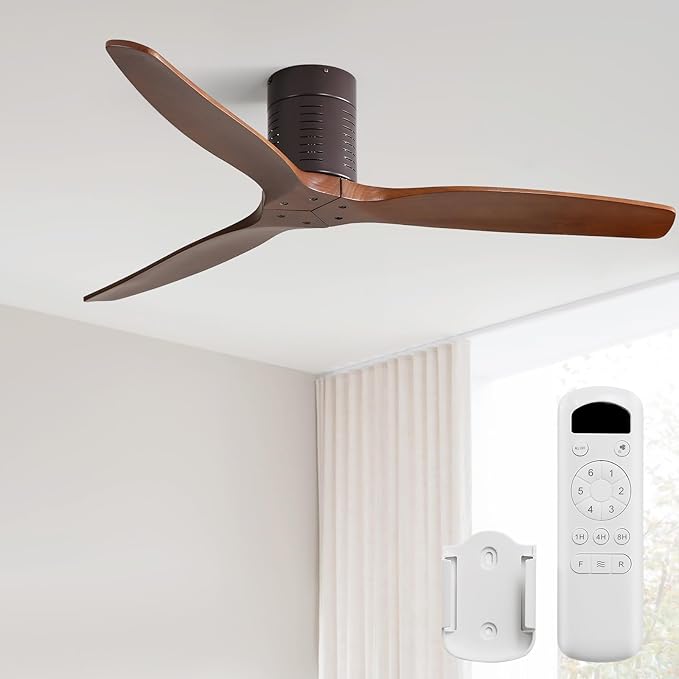Sofucor 52 Inch Ceiling Fan No Light, Solid Wood Indoor/Outdoor Ceiling Fans Without Lights, Reversible DC Motor, 6 Speed, Flush Mount Ceiling Fans for Bedroom Living Room Farmhouse Patio