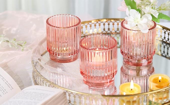 8 Pcs Large Lavender Votive Candle Holders, Tealight Ribbed Candle Holders Glass, Brildal Shower Table Decor,Wedding Centerpieces Table Decorations