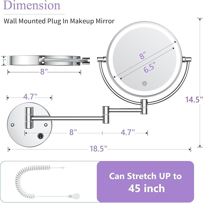 Wall Mounted Makeup Mirror with Lights, Magnifying Mirror 10X/1X Double-Sided, Plug-In Vanity Mirror with 3 Color Lights & Brightness Dimmable, 360°Swivel Extendable Mirror for Grooming & Shaving